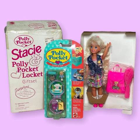 NEW RARE Vintage 1994 Bluebird Stacie & Polly Pocket FUZZY BUNNY LOCKET Gift Set Cover