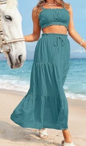 MEROKEETY Women 2 Piece Outfit Size S Sleeveless Crop Top High Waist Long Skirt - Picture 1 of 13