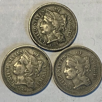 3 Copper Nickel 3 Cent Coins 1866,1868 and 1874 ( Great Looking Old Coins ) - Image 1 of 4