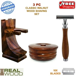 3 PC WOODEN SHAVING SET - DOUBLE EDGE SAFETY RAZOR, WOOD STAND, SHAVE MUG BOWL - Picture 1 of 6