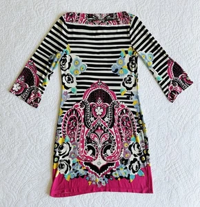 ECI New York Dress Stripes Black White Fuchsia Floral Career Stretchy Size 4 - Picture 1 of 9