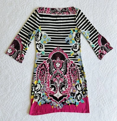 ECI New York Dress Stripes Black White Fuchsia Floral Career Stretchy Size 4 - Image 1 of 4