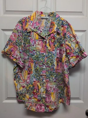 Винтажный женский топ. Размер 2 XL. Розовый желтый зеленый белый цветочный короткий рукав   - Изображение 1 из 4