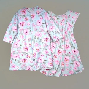 Miss Elaine Gown & Robe Set Womens Sz L Floral Pink Roses Zip Up Cotton Blend - Picture 1 of 18
