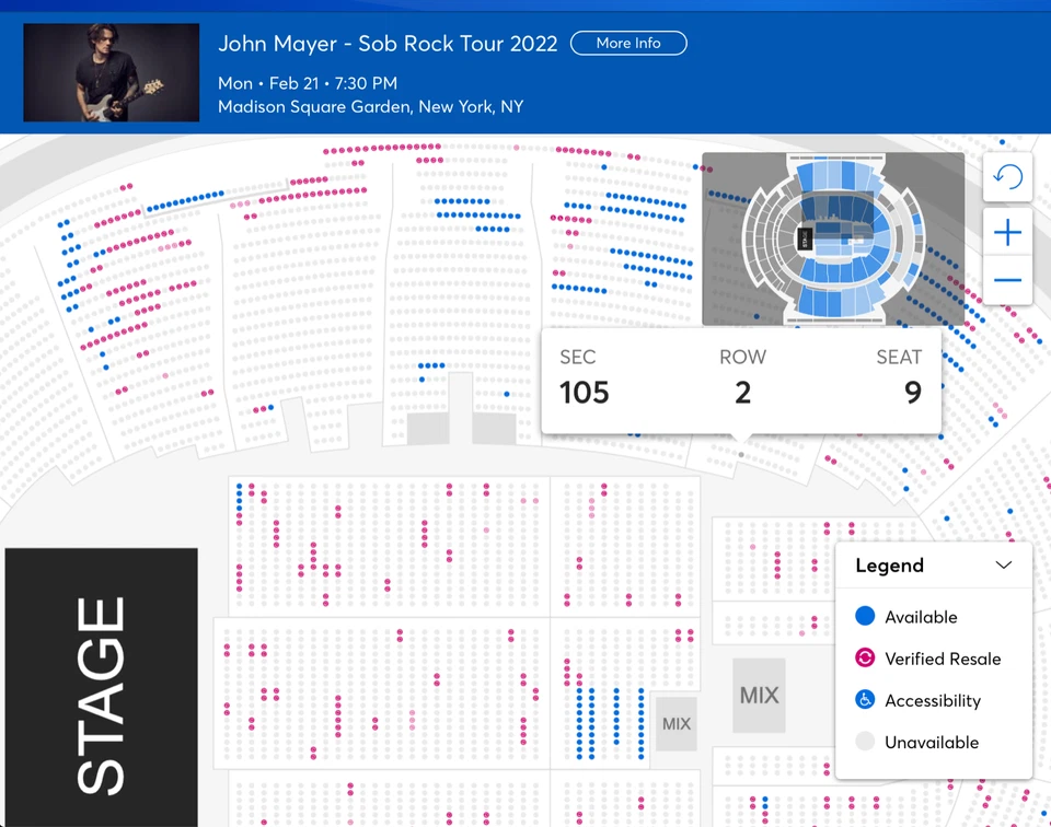 2 x John Mayer concert tickets New York Mon, Feb 21 @ 7:30 PM - Image 1 of 1