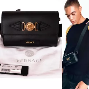 NEW $995 VERSACE Men's Black Leather GOLD MEDUSA BIGGIE LOGO Belt/Sling BAG NWT - Picture 1 of 21