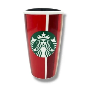 Starbucks Red Striped Holiday Travel Mug 12oz Ceramic Lidded Christmas Ltd. Ed. - Picture 1 of 15