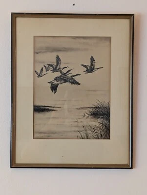 MASTERFUL! Gravura gravura Canada Gansos em Voo DRYPOINT por SHANK c.1930 Patos Antigos - Imagem 1 de 4