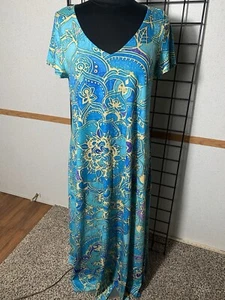 TENDENCY Womans size L Blue Multicolor Aztec print S/S Maxi Dress - Picture 1 of 8