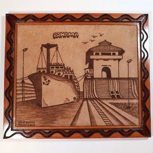 Panama Canal Hanging Art Souvenir Brown Felt Wood Frame Sea Ship Maritime - Picture 1 of 5