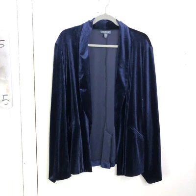 ModCloth Blazer Womens Large Velvet Draped Color Missing Belt Blue Pockets - Image 1 of 4