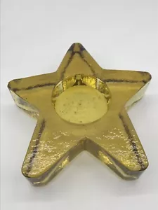 Vintage schwerer Recycling Glas gelb golden Bernstein Stern Windlicht Teelicht Kerzenhalter - Bild 1 von 5