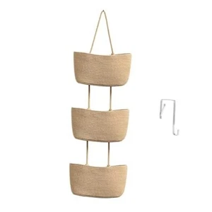 Over the Door Hanging Basket, 3-Tier Woven Cotton Wall-Mounted Storage Jute - Picture 1 of 7