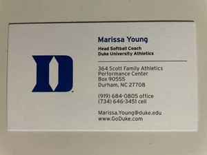 MARISSA YOUNG autograph DUKE BLUE DEVILS softball COACH business card signed - Picture 1 of 2