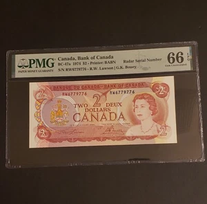 1974 Bank of Canada $2 RADAR Banknote. 3-DIGIT RADAR. PMG Graded. GEM UNC-66.EPQ - Picture 1 of 2