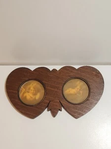 TRAMP ART Wood Heart Framed Cupids Bow 1940 Hand Etched Carved Frame Sepia Print - Picture 1 of 10