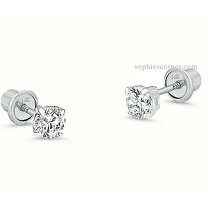 Genuine Diamond 1.8mm Child Stud Earrings in 14k White Gold - Screw Backs - Picture 1 of 2
