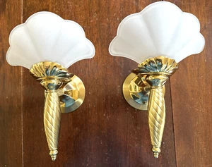 Partylite Wall Sconce Pair-Brass Candle Holder-Frosted Glass Shell-LEXINGTON - Picture 1 of 6