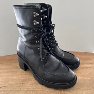 J Crew Refined Black Leather Apron Toe Lace Up Lug Sole Boots Womens Size 8.5 - Picture 1 of 6