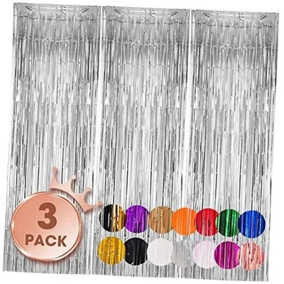 Paquete de 3 cortinas de fondo con flecos de lámina plateada de 3,3 x 8,2 pies, oropel 07 plateado Foto 1 de 4