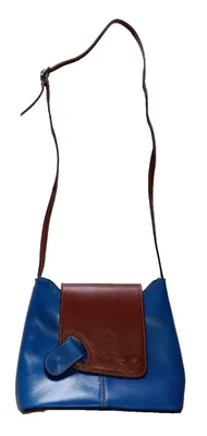 VERA PELLE Womens Italian Leather Crossbody Purse Handbag Colorblock Blue Brown - Image 1 of 4
