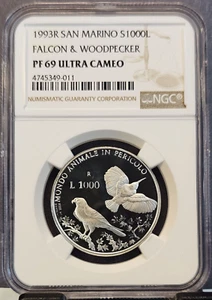 1993 SAN MARINO SILVER 1000 LIRA FALCON & WOODPECKER NGC PF 69 ULTRA CAMEO TOP - Picture 1 of 3