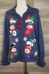 Ugly Christmas Sweater Tiara International Snowman Collection Zip Up Large  - Picture 1 of 6