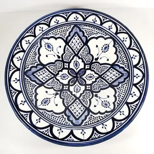 Vtg SAFI Moroccan Pottery Bowl Footed Wall Plate Handpainted Signed Redware Blue - Picture 1 of 10