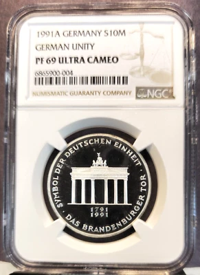 Alemania 1991 plata 10 marcos S10M puerta de Brandenburgo NGC PF 69 ultra camafeo top pop Foto 1 de 3