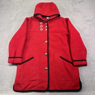 复古 LL 豆子夹克女式中号红色羊毛豌豆外套连帽金属纽扣奥地利 — 第 1/4 张图片