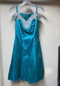 Vtg Zum Zum Cocktail Prom Off Shoulder Teal Satin Beaded Embellish Dress Sz 3/4 - Picture 1 of 7