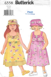 Uncut Butterick Sewing Pattern 6558 Toddlers Childrens Dress and Hat Size: 1-2-3 - Picture 1 of 2