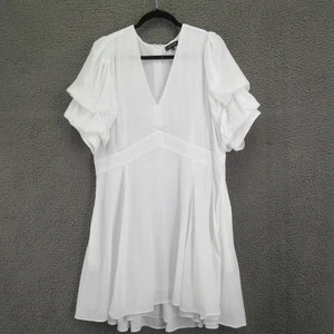 1.STATE Kleid Damen XL weiß Rüschen Puffärmel V-Ausschnitt Stufensaum Mini fließend - Bild 1 von 9