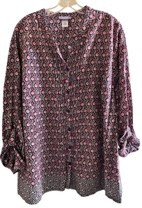 Catherines Womens Button Up Top Size 4X Dark Floral 3/4 Sleeve Roll Tab Casual - Picture 1 of 2