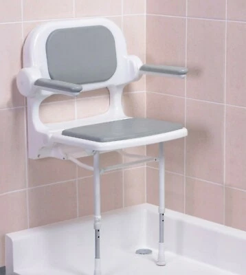 AKW 2000 Series Fold-Up Shower Seat, Adjustable Wall Mounted, Padded - Blue/Grey