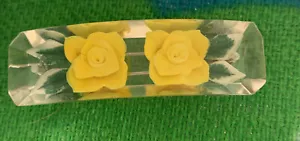 Vintage Reverse Carved Yellow Roses Lucite Flower Hair Barrette Free Ship - Picture 1 of 6