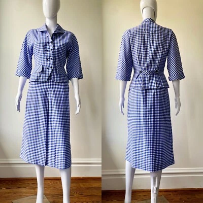 Vintage 40s 50s XS Set Top Skirt Blue Gingham Georgiana Summer Patio Read - Image 1 of 4
