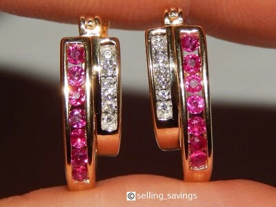 14K YELLOW GOLD RUBY & DIAMOND CHANNEL SET 3/4 INCH LEVERBACK HOOP EARRINGS - Image 1 of 4