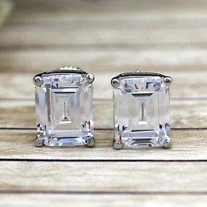 5 TCW Emerald Cut Classic Moissanite Stud Earrings 14kt White Gold - Picture 1 of 10