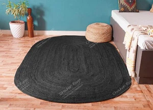 Indian Hand Braided Black Oval Jute Rug For Living Décor Home, Vintage Jute Rug - Picture 1 of 5