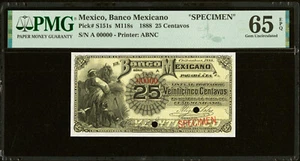 Mexico 25 Centavos 1888 SPECIMEN M118s Pick-S151s GEM UNC PMG 65 EPQ - Picture 1 of 2