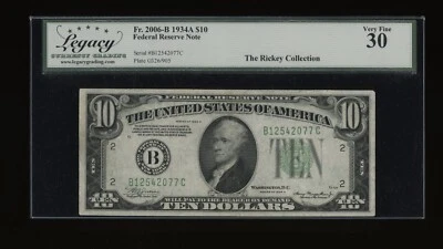 DBR 1934-A $10 FRN New York Fr. 2006-B Legacy 30 Serial B12542077C - Image 1 of 2