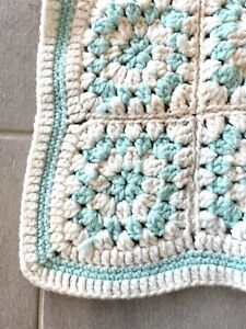 Vintage Crochet Granny Square Lap Baby Blanket Afghan Pastel Blue Nursery