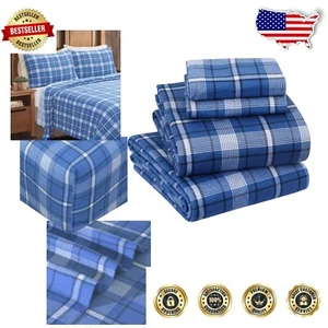 Cozy 4-Piece Dark Blue Plaid Flannel Sheet Set – Full Size, Ultra Soft Comfort - Picture 1 of 9