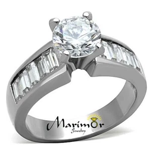 2.97 Ct Round Cut & Baguettes CZ Stainless Steel Engagement Ring Women's Sz 5-10 - Picture 1 of 6