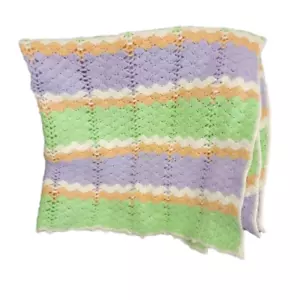 Vintage Handmade Crochet Knit Stripe Blanket - Picture 1 of 15