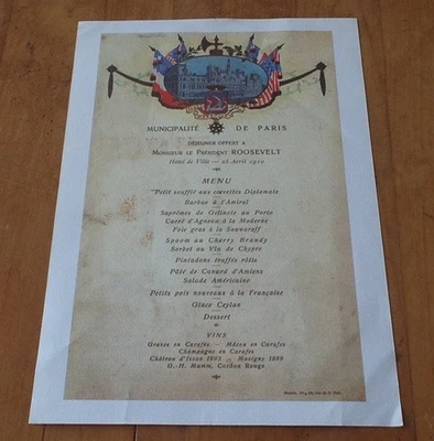 FAC SIMILE MENU MUNICIPALITE PARIS - DEJEUNER OFFERT AU PRESIDENT ROOSEVELT 1910 - Photo 1/2