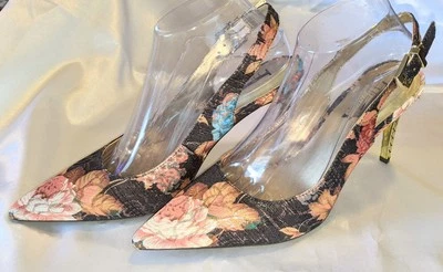 J. Renee Floral Slingback Pumps Fancy Gold Metallic Heel 8.5M Must See EUC - Image 1 of 4