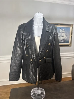 Central Park West Womens Faux Leather Gold Tone Button Short Jacket Black Size L - Image 1 of 4