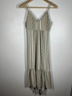 Derek Heart Dress Womens Small Green Tan Boho Floral Stripe Maxi Ruffle Hem - Image 1 of 4